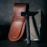 Rasoir de sureté Bivouak et son étui en cuir fabriqué en France